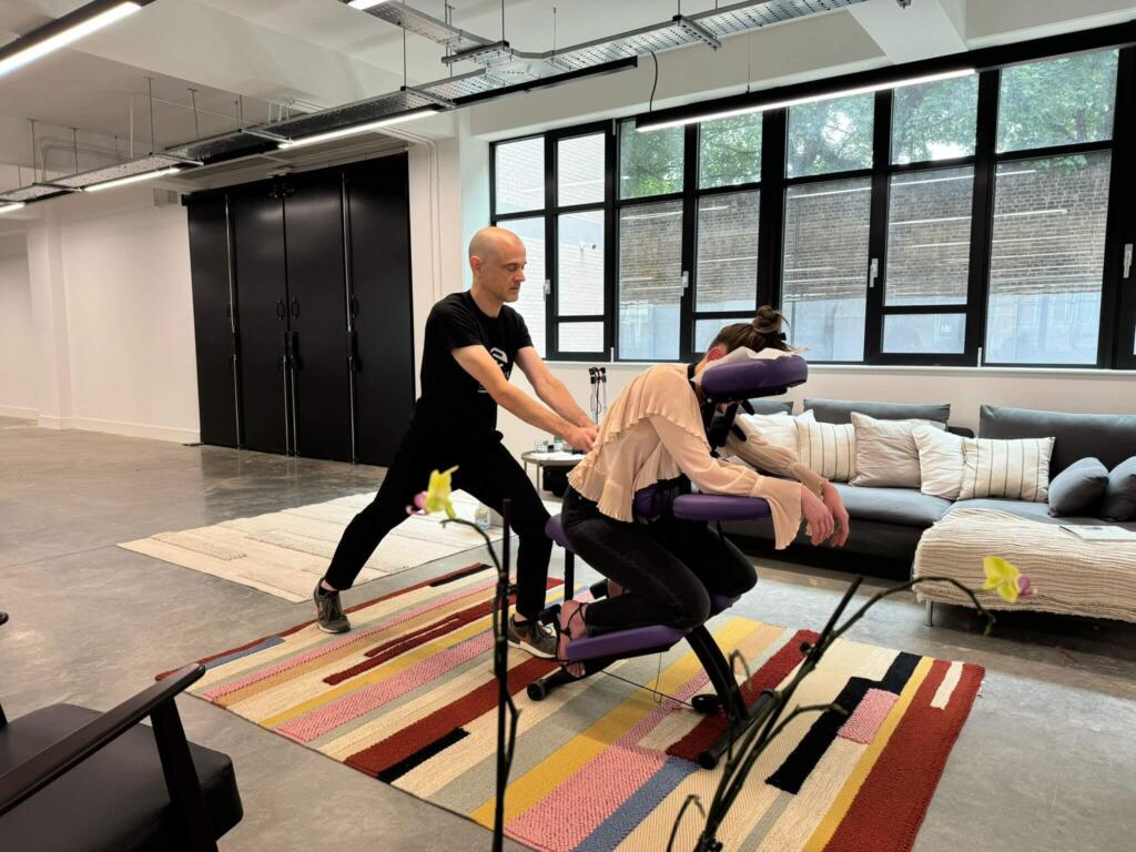seated acupressure massage at vinted corporate client.
